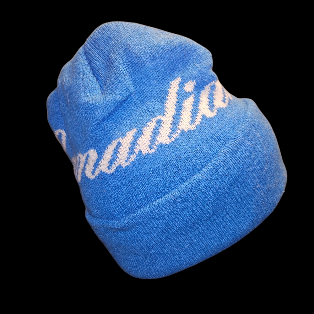 Blue Knit Beanie with White Script Design Canadian Classic Wisky